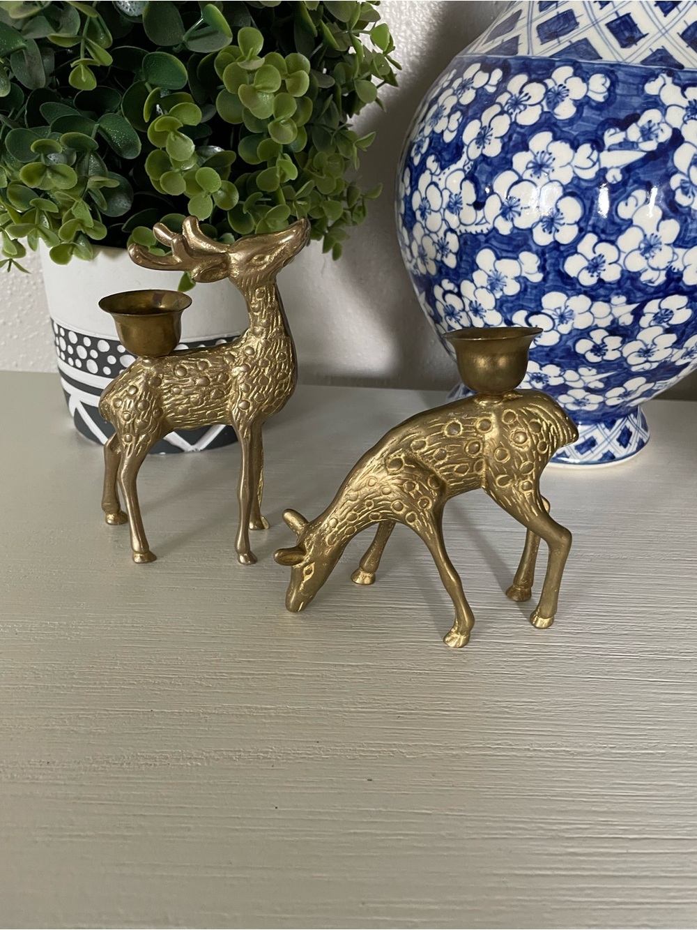 Vintage Pair 2 BRASS Deer Candle Holder Candlestick Buck Doe Reindeer